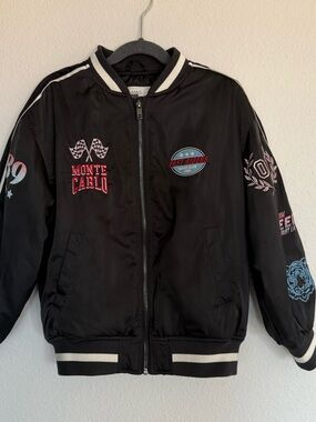 Marks & Spencer Black Kids Bomber Jacket with Racing Patches, Race Car Theme